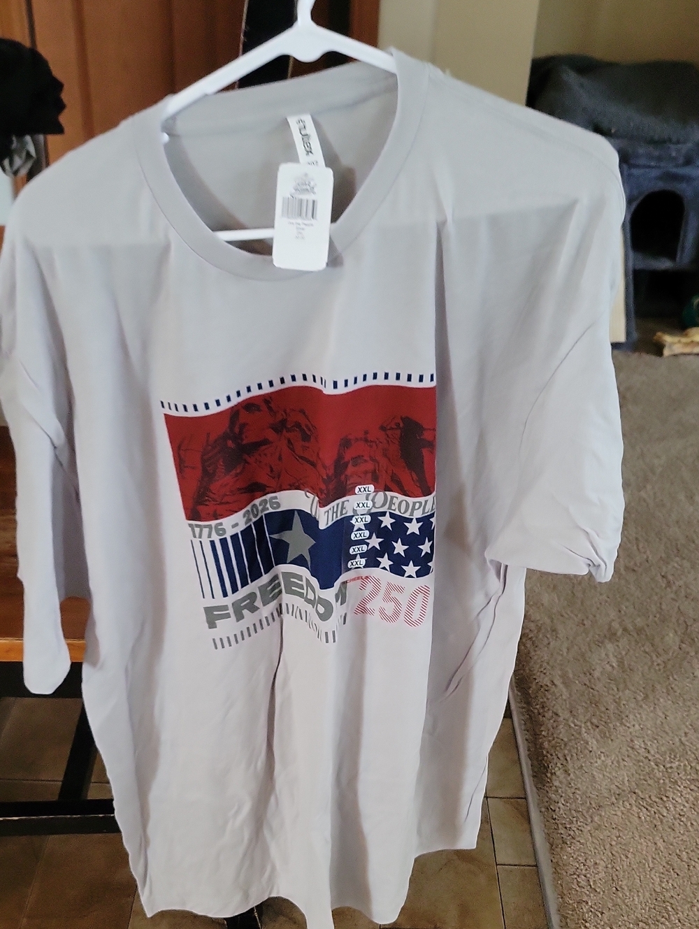 Tultex Light Gray Short Sleeve Graphic Tee with Red & Blue Print